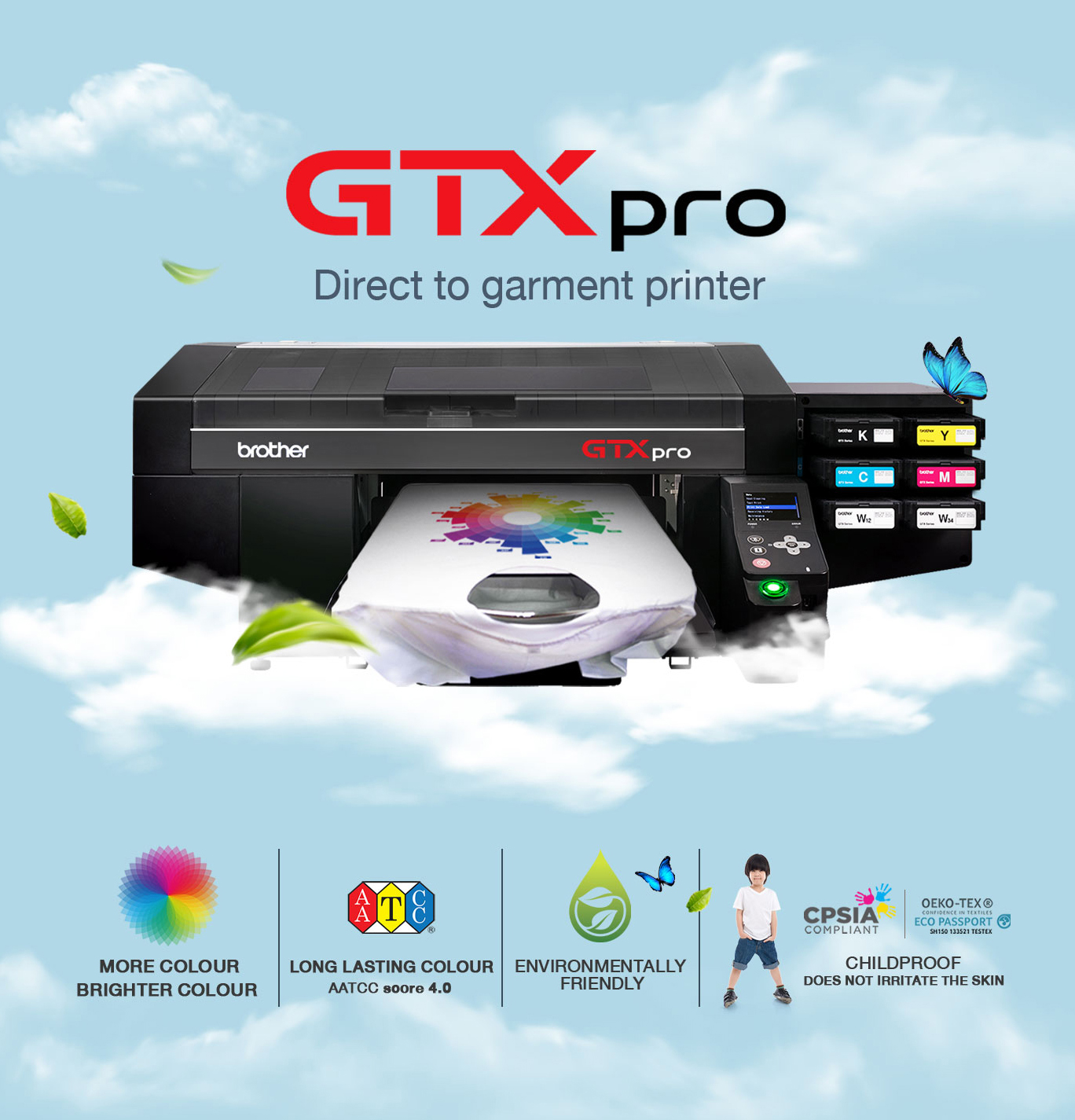 Brother GTX Pro (CMYK+W): Direct to garment (DTF) printer (CMYK+W); High Resolution/Bright & Long Lasting Color/Not Irritate Kid Skin [Fast Maker]